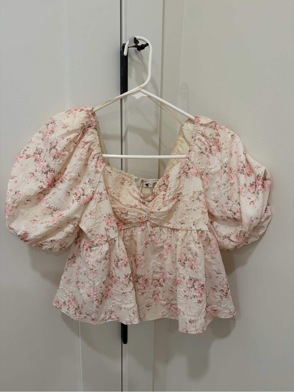 English Factory Cream and Pink Floral Puff-Sleeve Peplum Top